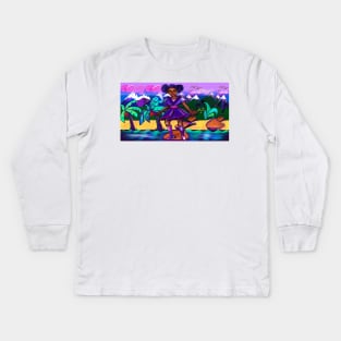 Anime girl with two puffs. Black afro anime girl in purple fantasy scene ! beautiful  black girl with Braided hair, blue eyes, Cherry pink lips and dark brown skin. Hair love ! Kids Long Sleeve T-Shirt